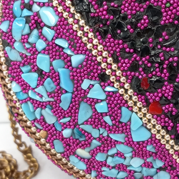 VINTAGE Handmade INDIAN Stones & Beads Mosaic Over Metal Top Flap Crossbody EUC - Picture 9 of 15